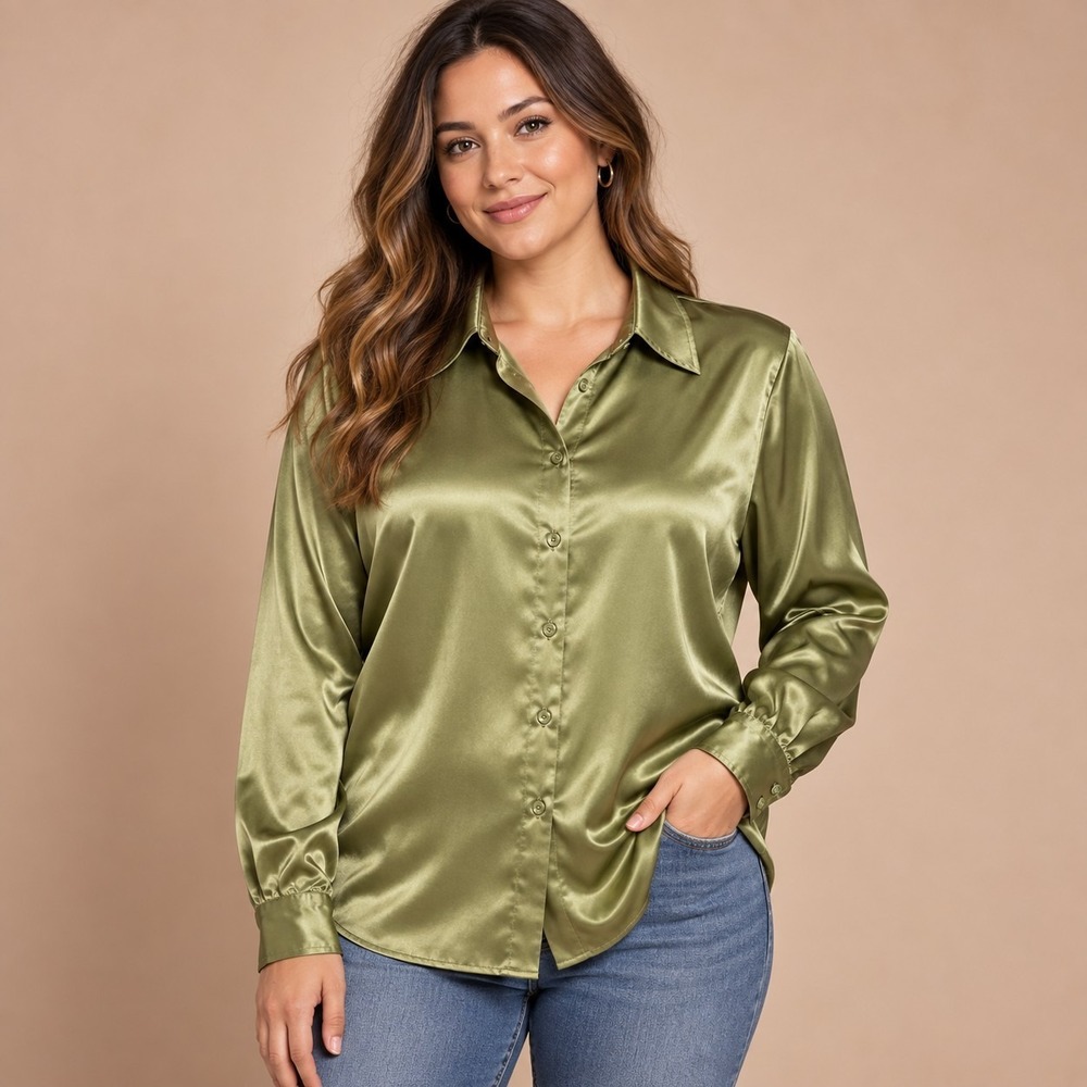 Rachel Zoe Liquid Satin Olive Green Top Women's Large Quiet Luxury Chartreuse